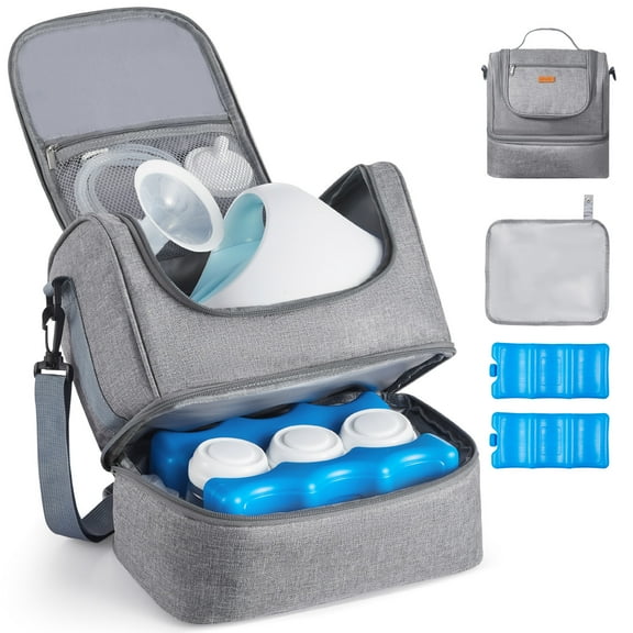 VEVOR Breast Pump Bag, Breast Feeding Bag with Ice Pack, Fits for S1/S2, Pumping Accessories & Breastmilk Storage, Portable Pump Carrying Case for Work, Travel and Family Use, Grey