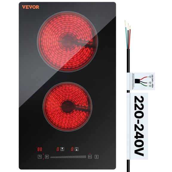 VEVOR Built in Electric Stove Top, 20 x 11.6 inch 2 Burners, 240V Glass Radiant Cooktop with Sensor Touch Control, Timer & Child Lock Included, 9 Power Levels for Simmer Steam Slow Cook Fry