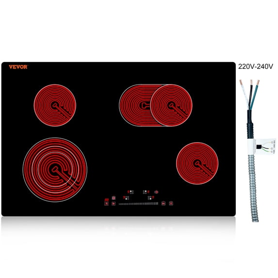 VEVOR Built in Electric Stove Top, 30.3 x 20.5 inch 4 Burners, 240V Glass Radiant Cooktop with Sensor Touch Control, Timer & Child Lock Included, 9 Power Levels for Simmer Steam Slow Cook Fry