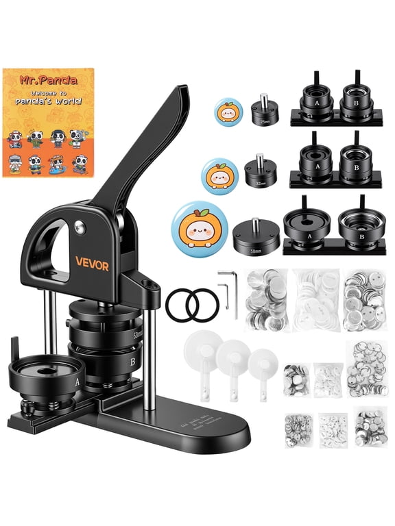 Button Maker Machine 1"/1.25"/2.25"(25/32/58 mm) Pin Maker Black, with 300pcs Button Parts, Circle Cutter and Magic Book, Ergonomic Handle, for DIY Badges, Pins, Fridge Magnets and Key Chains