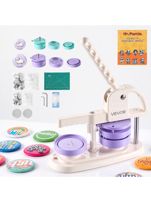 Button Maker Machine, 2.25"/3"(58/75 mm), Quick-Change Plastic Pin Maker with 200pcs Button Parts, Circle Cutter and Magic Book, Reinforced Handle, for DIY Badges, Pins, Key Chains