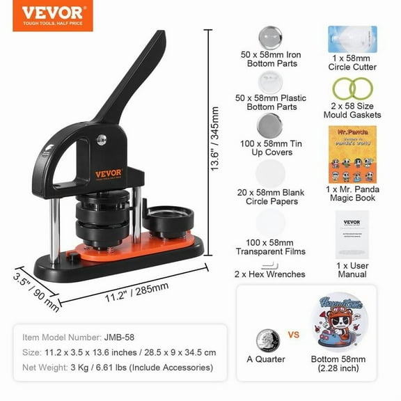 VEVOR Button Maker Machine, 2.28 inch/58mm Pin Maker with 100pcs Button Parts, Ergonomic Arc Handle Punch Press Kit, Button Maker with Panda Magic Book, For Children DIY Gifts and Christmas
