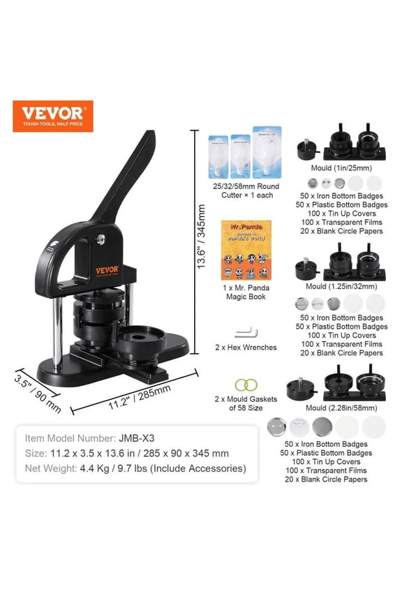 VEVOR Button Maker Machine Badge Pin Machine 25&32&58 mm 3 in 1, 300 Free Parts Press Kit, For Children DIY Gifts