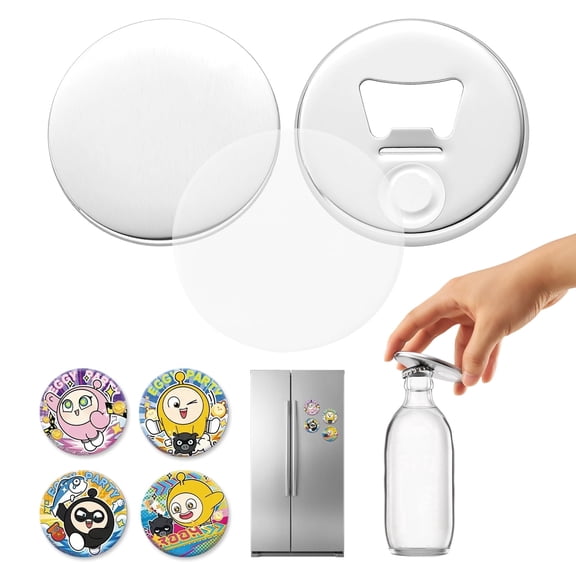 VEVOR Button Maker Supplies 50 Sets 2.95 in / 75 mm Magnet Button Parts, with Magnetic and Bottle Opener Backs, Metal Shells, Clear Mylar Films, and Blank Circle Papers, for Home DIY, Kitchen Decor