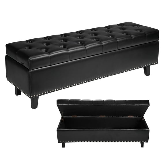 VEVOR Button-Tufted Storage Ottoman Bench, PU Leather Bench with Storage and Solid Wood Legs, Modern Shoe Benches Seat for Entryway,Upholstered End of Bed Benches for Living Room, Dining Room, Black