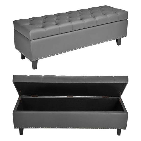 VEVOR Button-Tufted Storage Ottoman Bench, PU Leather Bench with Storage and Solid Wood Legs, Modern Shoe Benches Seat for Entryway, Upholstered End of Bed Benches for Living Room, Dining Room, Gray