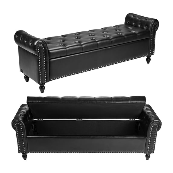VEVOR Button-Tufted Storage Ottoman Bench, Rolled Arm PU Leather Bench with Solid Wood Legs, Modern Shoe Benches Seat for Entryway,Upholstered End of Bed Benches for Living Room,Dining Room,Black