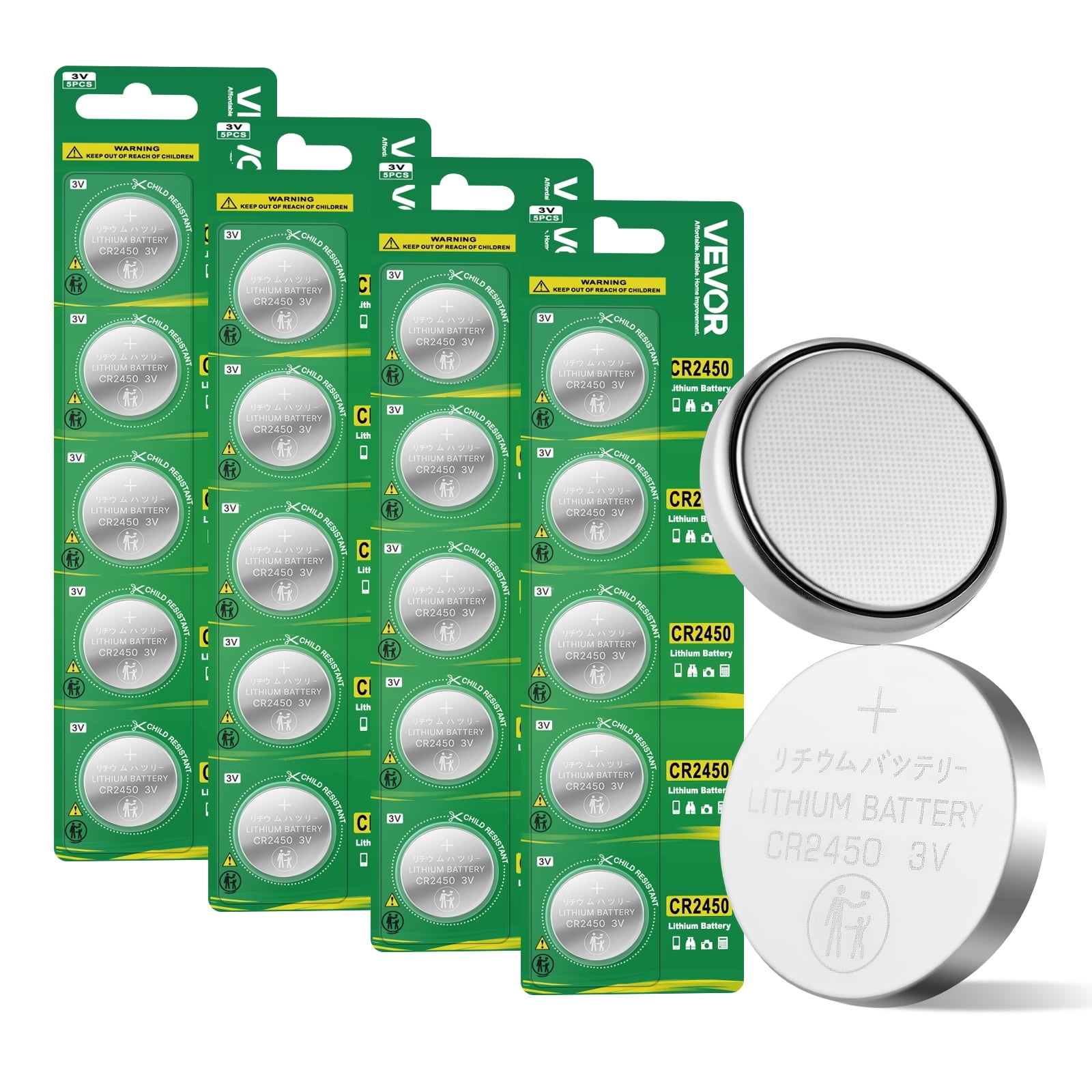 VEVOR CR2450 Lithium Battery, 20 Count (Pack of 4) Lithium Coin Battery ...
