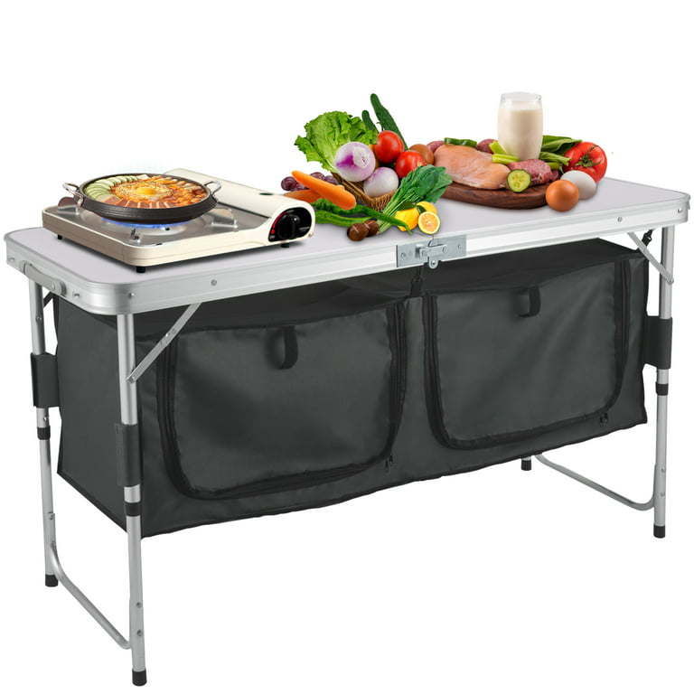 VEVOR Camping Kitchen Station, 47.2 x 18.5 Aluminum Portable Folding Camp  Cook Table with Storage Organizer and 4 Adjustable Feet, Gray
