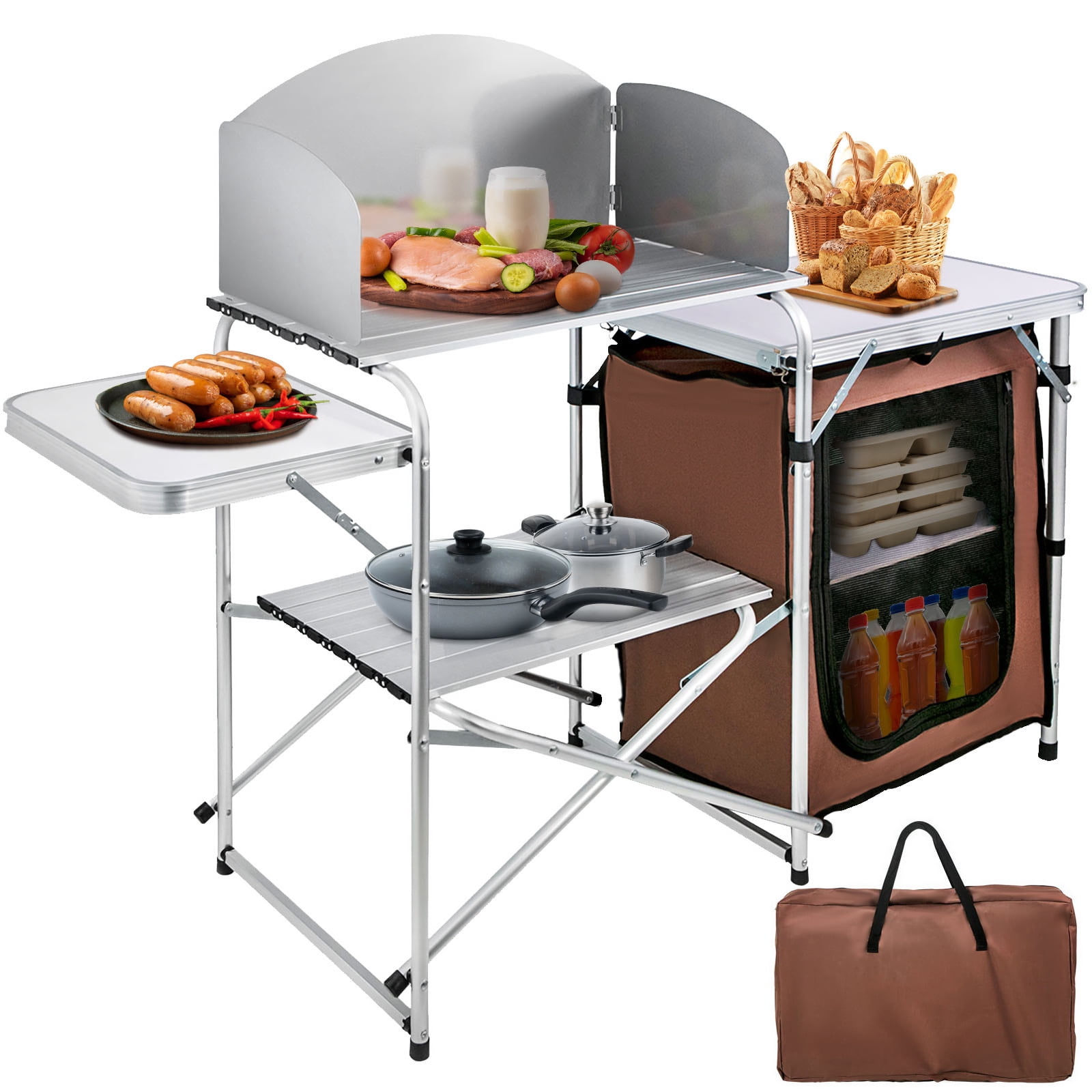 Portable Outdoor Cooking Station Camping Kitchen Folding Table W/ Storage  White