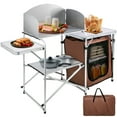 thumbnail image 1 of Bentism Camping Kitchen Station, Aluminum Portable Folding Camp Cook Table with Windshield, Storage Organizer and 4 Adjustable Feet, Quick Installation for Outdoor Picnic Beach Party Cooking, Brown, 1 of 8