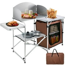 VEVOR Camping Kitchen Station, Aluminum Portable Folding Camp Cook Table with Windshield, Storage Organizer and 4 Adjustable Feet, Quick Installation for Outdoor Picnic Beach Party Cooking, Brown