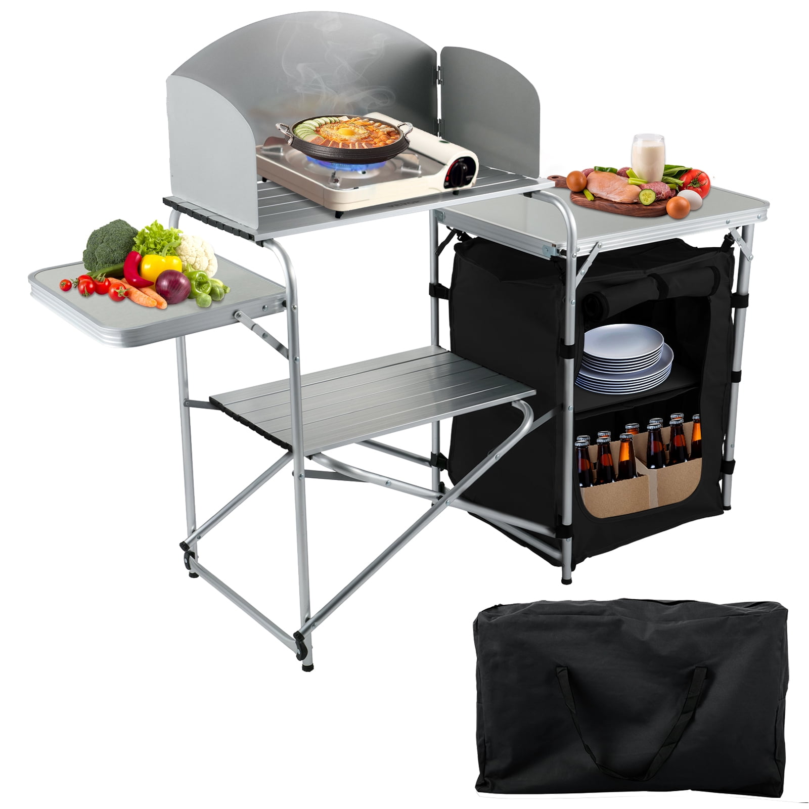 VEVOR Camping Kitchen Station, Aluminum Portable Folding Camp Cook Table  with Windshield, Storage Organizer and 4 Adjustable Feet, Quick  Installation