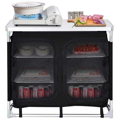 VEVOR Camping Kitchen Station, Aluminum Portable Folding Cook Table with Storage Organizer and Carrying Bag, Quick Installation for Outdoor BBQ Party Backyards and Tailgating, Black