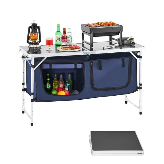 VEVOR Camping;Kitchen;Table,;Folding;Outdoor;Cooking;Table,;3;Adjustable;Height,;Aluminum;Lightweight;Portable;Cook;Station;with Storage;Organizer,Carry;Handle,for BBQ;Party;Picnic;RV;Travel, Blue