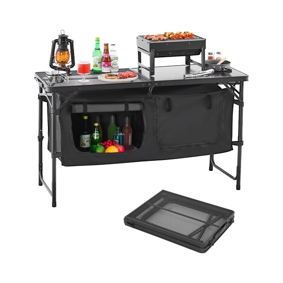 VEVOR Camping Kitchen Table, Folding Outdoor Cooking Table, 3 Adjustable Heights, Aluminum Lightweight Portable Cook Station with Storage Organizer,Carry Handle,for BBQ Party Picnic RV Travel,Black