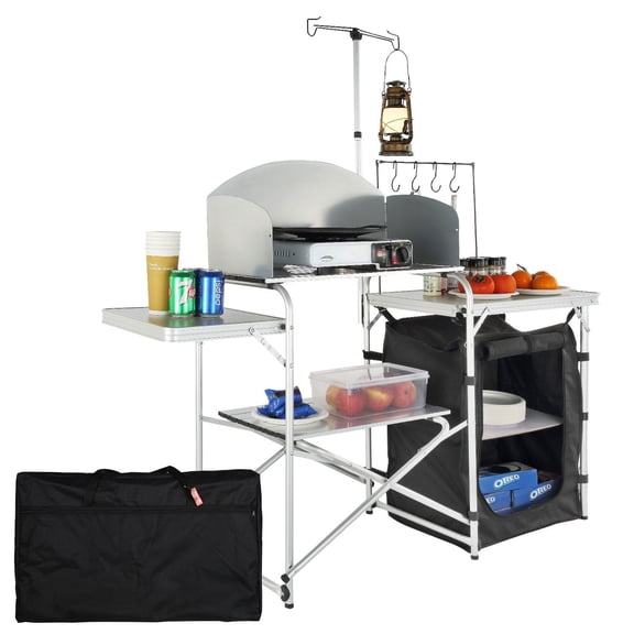 VEVOR Camping Kitchen Table, Folding Outdoor Cooking Table with Storage Carrying Bag, Aluminum Cook Station 1 Cupboard & Detachable Windscreen, Quick Set-up for Picnics, BBQ, RV Traveling, Black