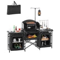 thumbnail image 1 of VEVOR Camping Kitchen Table, Outdoor Camp Cooking Table, Aluminum Portable Cook Station with 3 Storage Cupboard,Carrying Bag,Detachable Windscreen,Quick Set-up for BBQ Party Picnic RV Travel,Black, 1 of 10