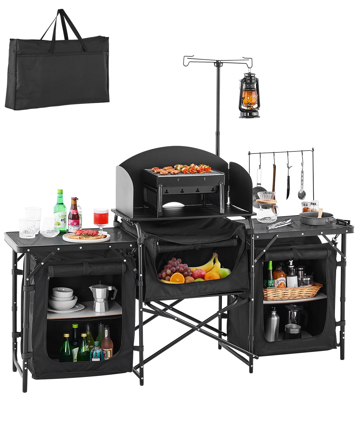 VEVOR Camping Kitchen Table, Outdoor Camp Cooking Table, Aluminum Portable Cook Station with 3 Storage Cupboard,Carrying Bag,Detachable Windscreen,Quick Set-up for BBQ Party Picnic RV Travel,Black