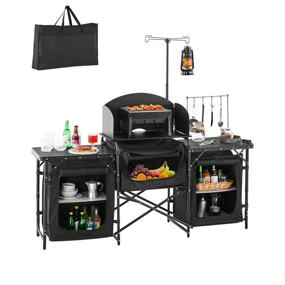 VEVOR Camping Kitchen Table, Outdoor Camp Cooking Table, Aluminum Portable Cook Station with 3 Storage Cupboard,Carrying Bag,Detachable Windscreen,Quick Set-up for BBQ Party Picnic RV Travel,Black