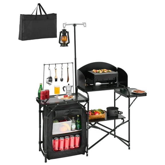 VEVOR Camping Kitchen Table, Outdoor Camp Cooking Table, Aluminum Portable Cook Station with Storage Cupboard, Carrying Bag, Detachable Windscreen, Quick Set-up for BBQ Party Picnic RV Travel, Black