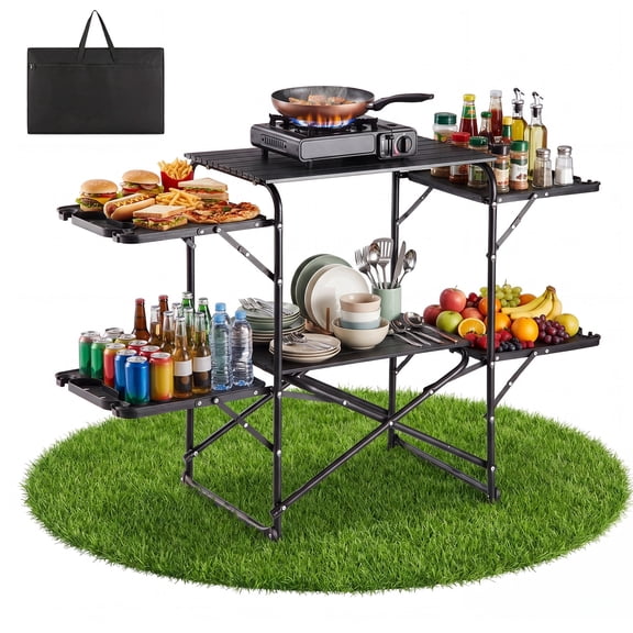 VEVOR Camping Kitchen Table, Slim-Fold Cook Station, Portable Folding Table, with 4 Side Tables, Heat Resistant Tabletop, and Carrying Bag, Ideal for Outdoor Picnics, BBQs, Camping, RV Traveling