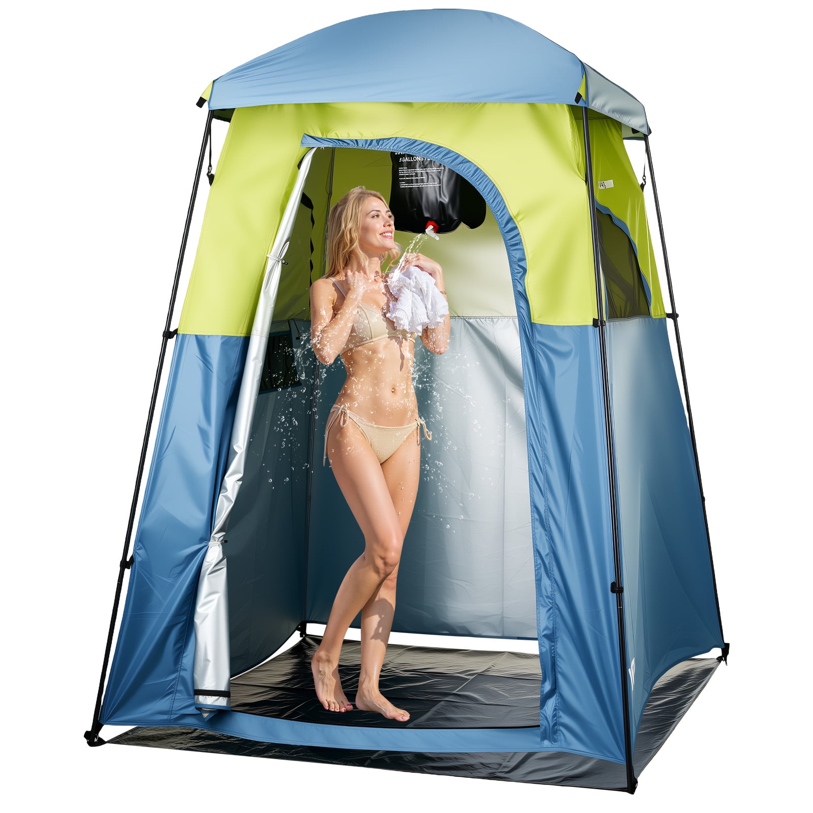 VEVOR Camping Shower Tent, 1 Room, Portable Privacy Tent Changing Room with Shower Bag, Ground Stakes, Ropes, Carry Bag, and Support Poles, 150D Oxford Fabric with Silver Coating, for Camping