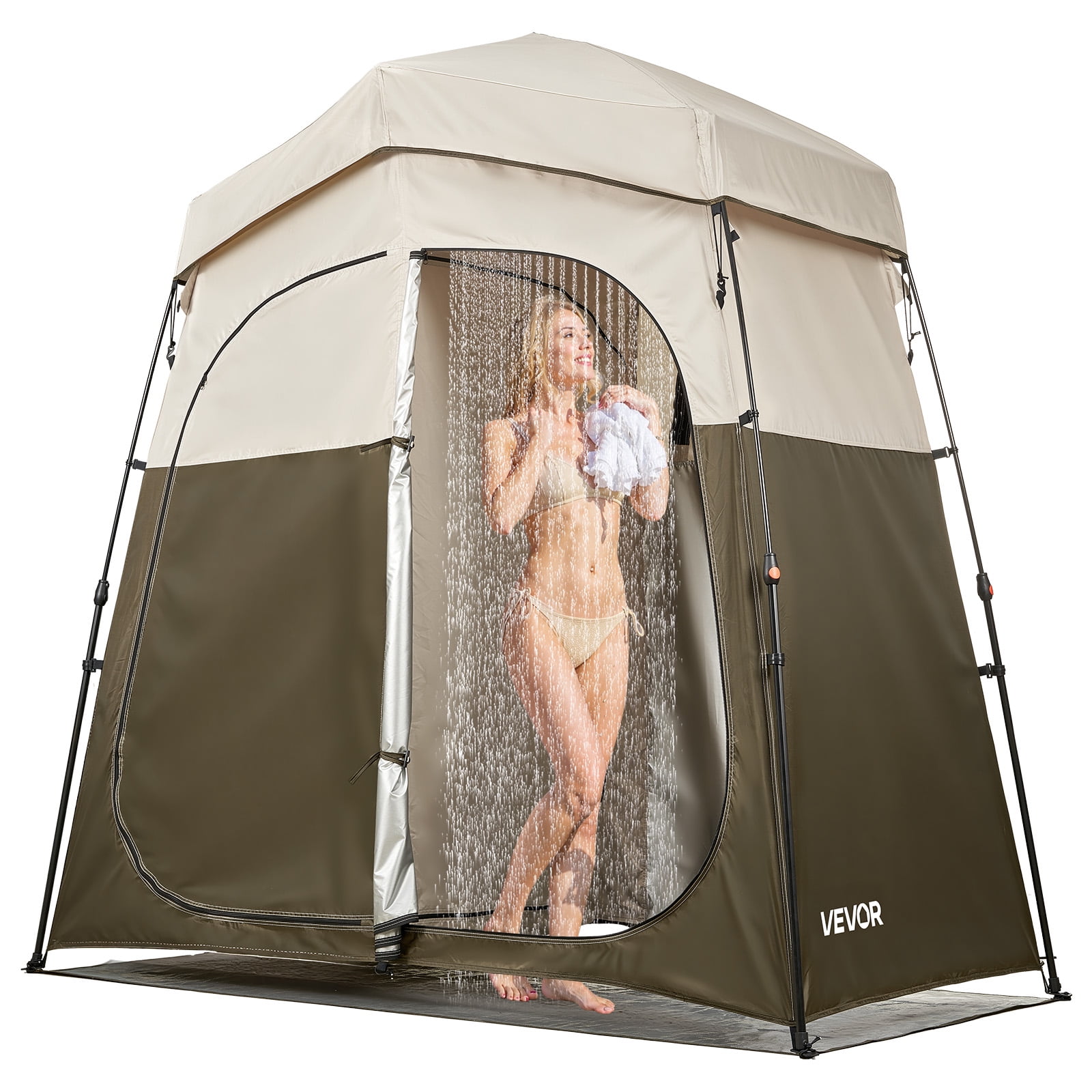 VEVOR Camping Shower Tent, 2-Room Foldable Portable Privacy Tent Changing Room with Ground Stakes, Ropes, and Carry Bag, 150D Oxford Fabric with Silver Coating, for Camping, Beach, and Fishing