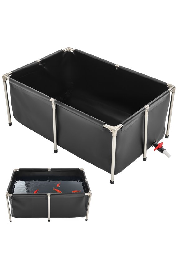 Canvas Fish Pond, 126.8 Gal Above Ground Fish Pond, Foldable PVC Koi Tank, Rectangular Goldfish Tank with Stable Frame and Drain Valve, for Aquaculture, Koi Breeding, and Irrigation (Black)