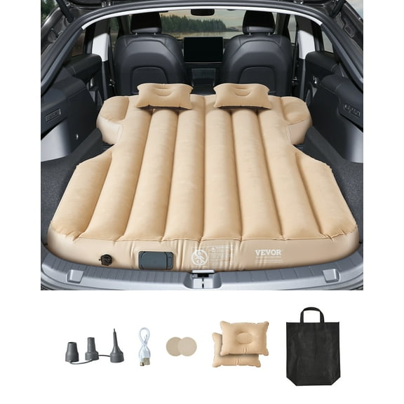 VEVOR Car Air Mattress, Fits Tesla Model Y (2020-2024), Inflatable Car Camping Mattress, Flocking Thickened Blow Up Travel Beds, Durable Portable Sleeping Pad with Built in Pump, 2 Pillows, Beige
