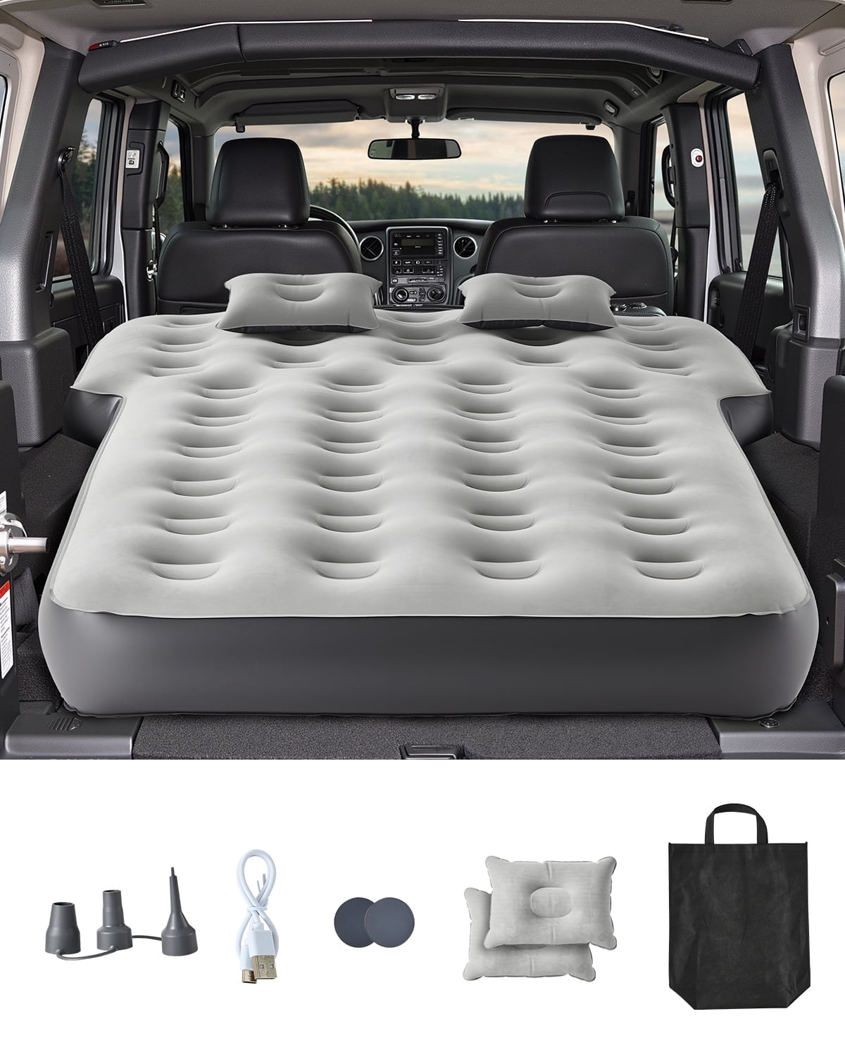 VEVOR Car Air Mattress, Fits Toyota 4runner, Jeep Wrangler, Inflatable Car Camping Mattress, Flocking Thickened Blow Up Travel Beds, Durable Portable Sleeping Pad with Built in Pump, 2 Pillows, Gray