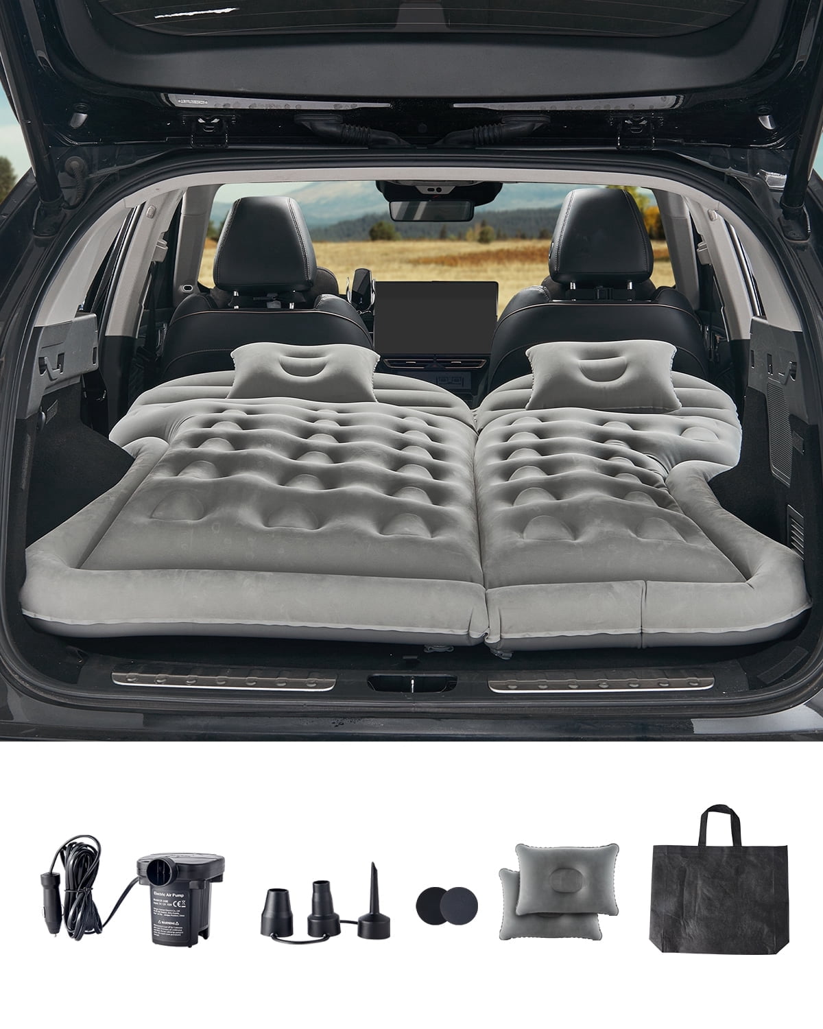 VEVOR Car Air Mattress, Inflatable Car Camping Mattress, Flocking Thickened Travel Beds, Comfortable and Durable Portable Sleeping Pad with Air Pump, Nozzle, Carry Bag, Fits Most SUV MPV Sedan, Gray
