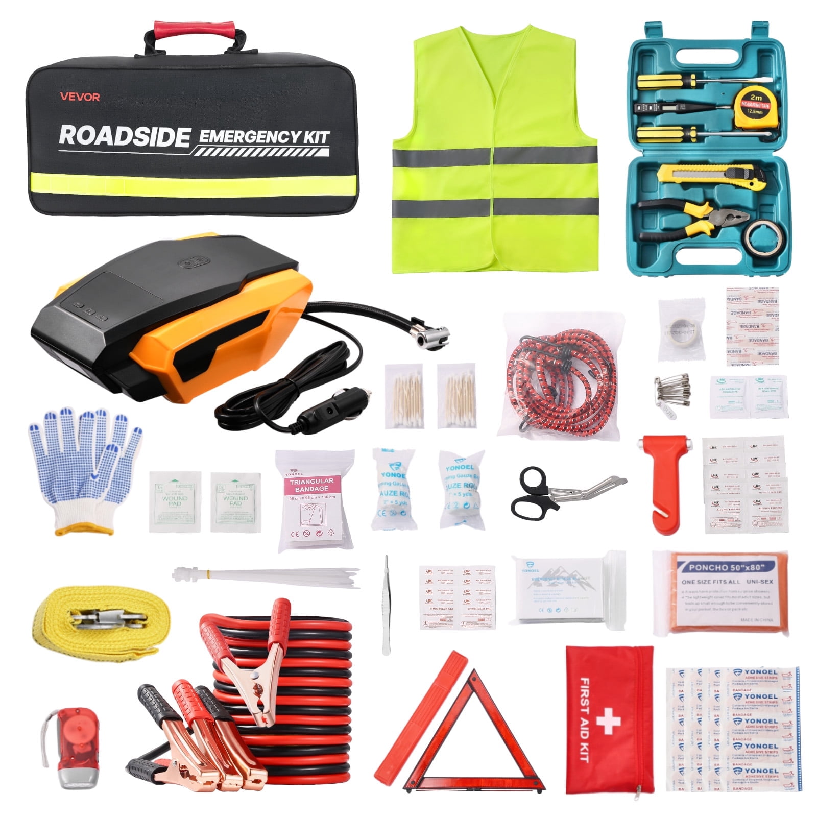 VEVOR Car Emergency Kit, 2-in-1 First Aid Kit with Jumper Cables, Essential Roadside Emergency Car Kits for Vehicle, Travel and Home, 32-Piece Auto Road Side Assistance Tools with Medical Aid Kits