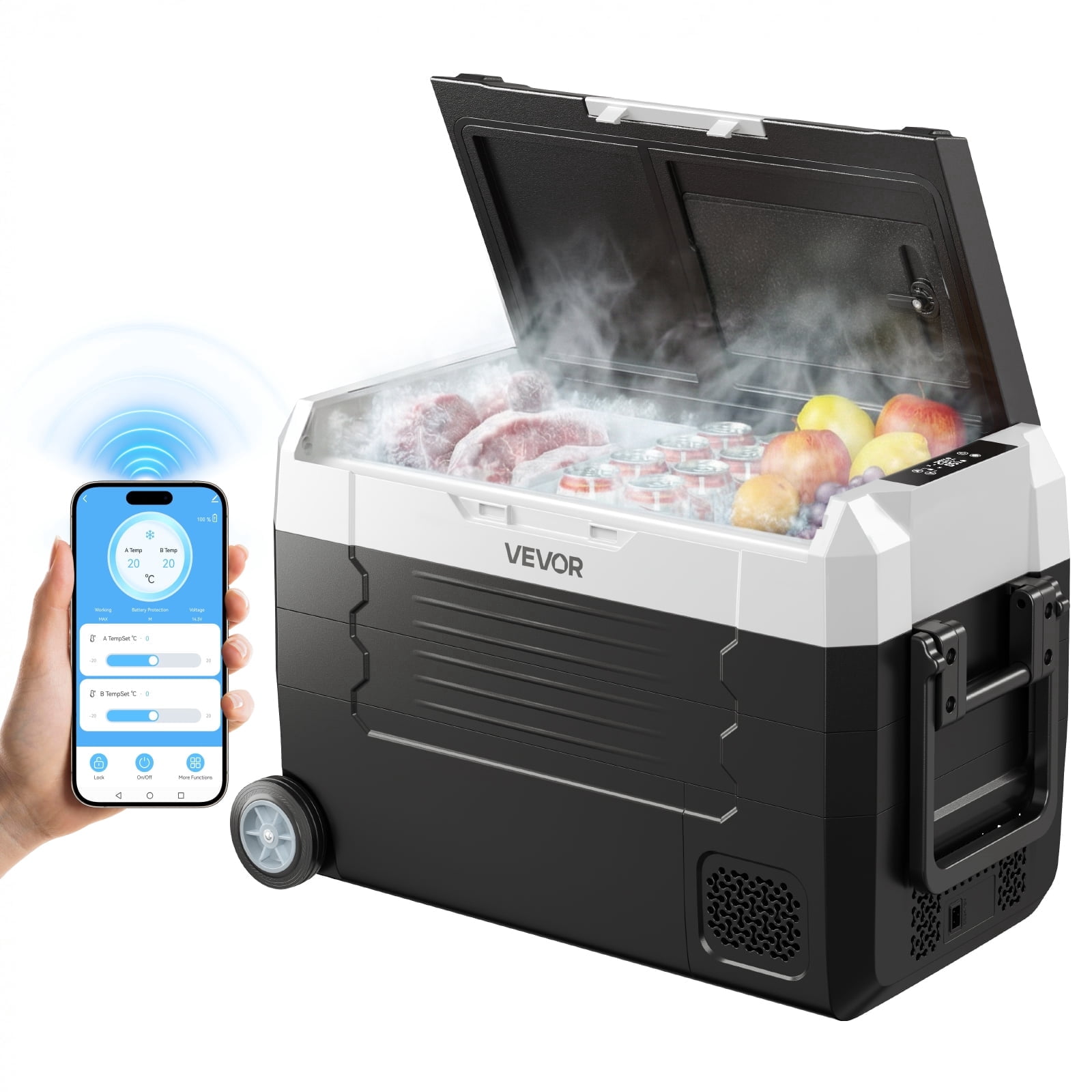 VEVOR Car Refrigerator, DC 12/24V AC100-240V Compressor Electric Cooler, -4°F to 68°F Truck Refrigerator with APP Control, Wheels & Dual Zone, 37 QT Cars Cooler for RVs, Boats, Camping, Fishing