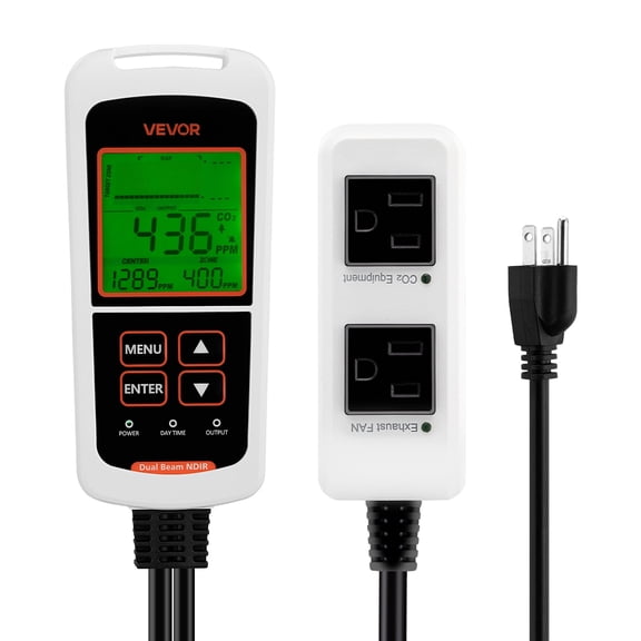 VEVOR Carbon Dioxide Monitoring Controller, Dual Outlets CO2 Monitor & Controller, Carbon Dioxide Sensor Day and Night Detection Feature, NDIR CO2 Sensor for Greenhouse, Laboratories, Classrooms,Home