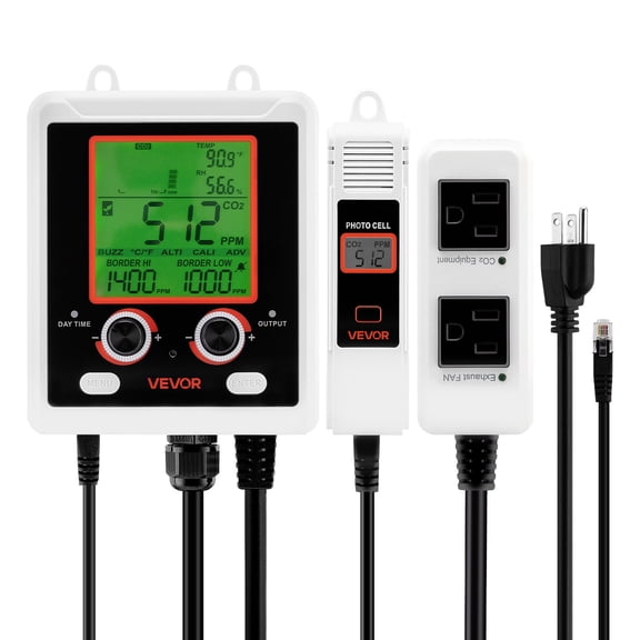 VEVOR Carbon Dioxide Monitoring Controller, Dual Outlets Carbon Dioxide Controller, CO2 Meter Monitor Day and Night Detection Feature, NDIR CO2 Sensor for Green House, Laboratories, Classrooms, Home