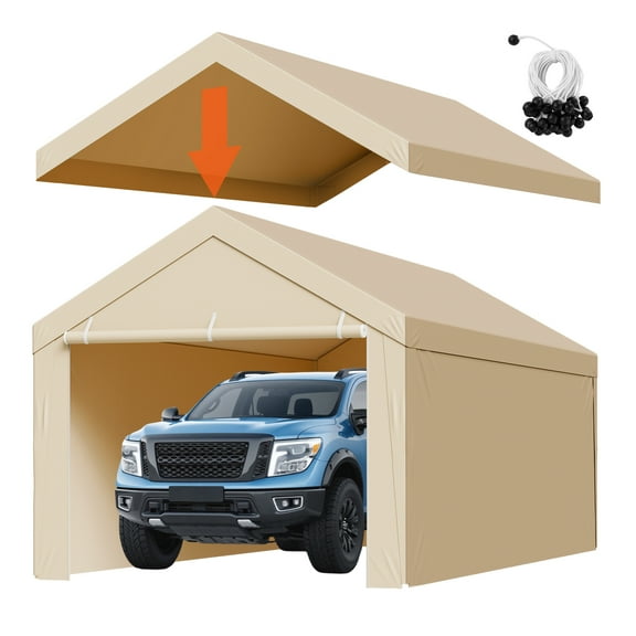 VEVOR Carport Replacement Canopy, 10 x 20 ft Potable Garage Tent Top Tarp with Sidewalls, UV-Resistant & Waterproof, Heavy Duty Car Shelter Tarp with Ball Buggees, Beige, Frame Not Included