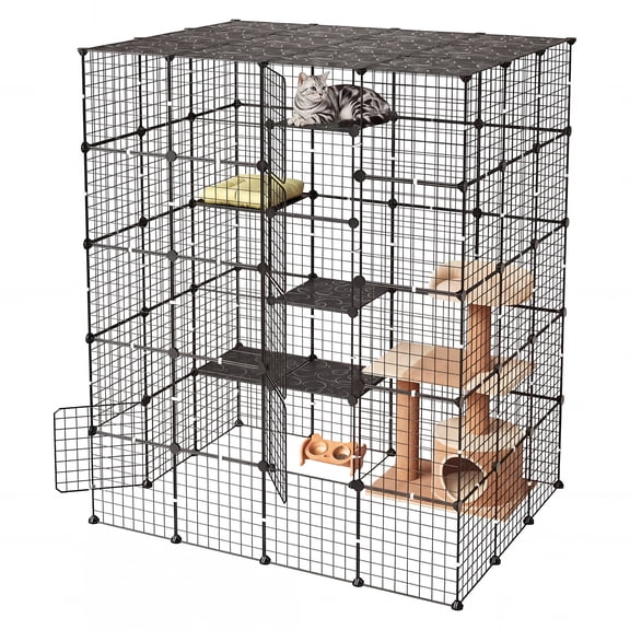 VEVOR Cat Cage 5-Tier 55"x40.98"x68.98" DIY Cat Playpen Indoor Enclosure, Detachable Metal Wire Kennel Crate with 5 Doors, Large Exercise Place Ideal for 2-3 Cats, Kittens and Small Animals, Black