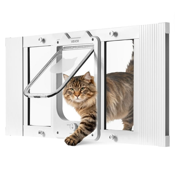 VEVOR Cat Door for Window, Adjustable to Fit Window Width 27"-32", 4 Secure Lock Modes, Aluminum Frame and High-Transparency Glass, Magnetic Closure, Weatherproof Quick-Fit Pet Door for Cats, White