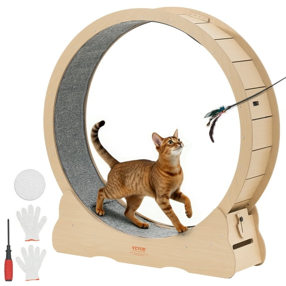 VEVOR Cat Exercise Wheel, 48 in Wooden Cat Running Wheel for Indoor Cats up to 28 lbs, Cats Treadmill with Carpeted Runway & Locking Mechanism,Quiet Roller Kitten Sport Toys for Pets Fitness & Health