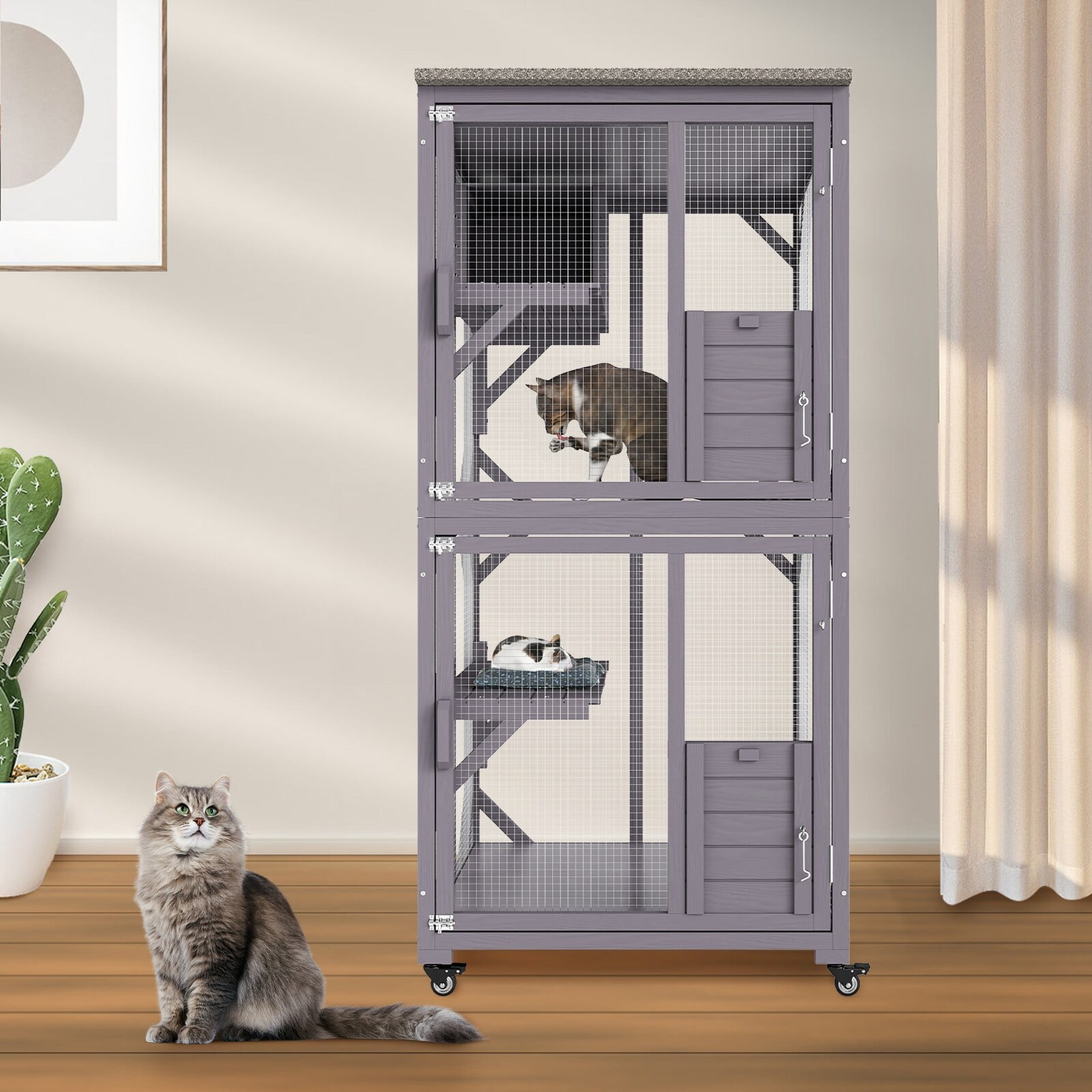 Gray 3-Tier Outdoor Freestanding Cat House with Casters