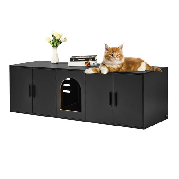 VEVOR Cat Litter Box Enclosure for 2 Cats, 57.9 in Hidden Litter Furniture, Double Room Large Cat Washroom Cabinet, Indoor Wooden Pet House TV Stand Side Table, Fit Most of Litterbox, Black