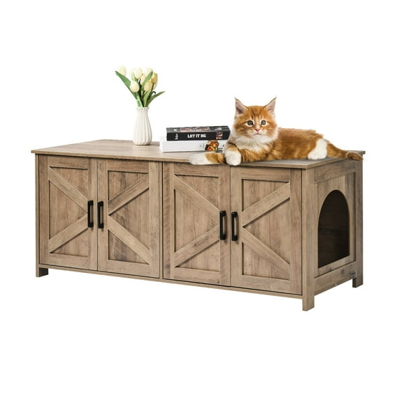 VEVOR Cat Litter Box Enclosure for 2 Cats, Litter Box Furniture Hidden with Double Rooms, Wooden Cat Box Cabinet Fit Most of Litter Box, 47.2"L x 18.5"W x 19.7"H, Greige