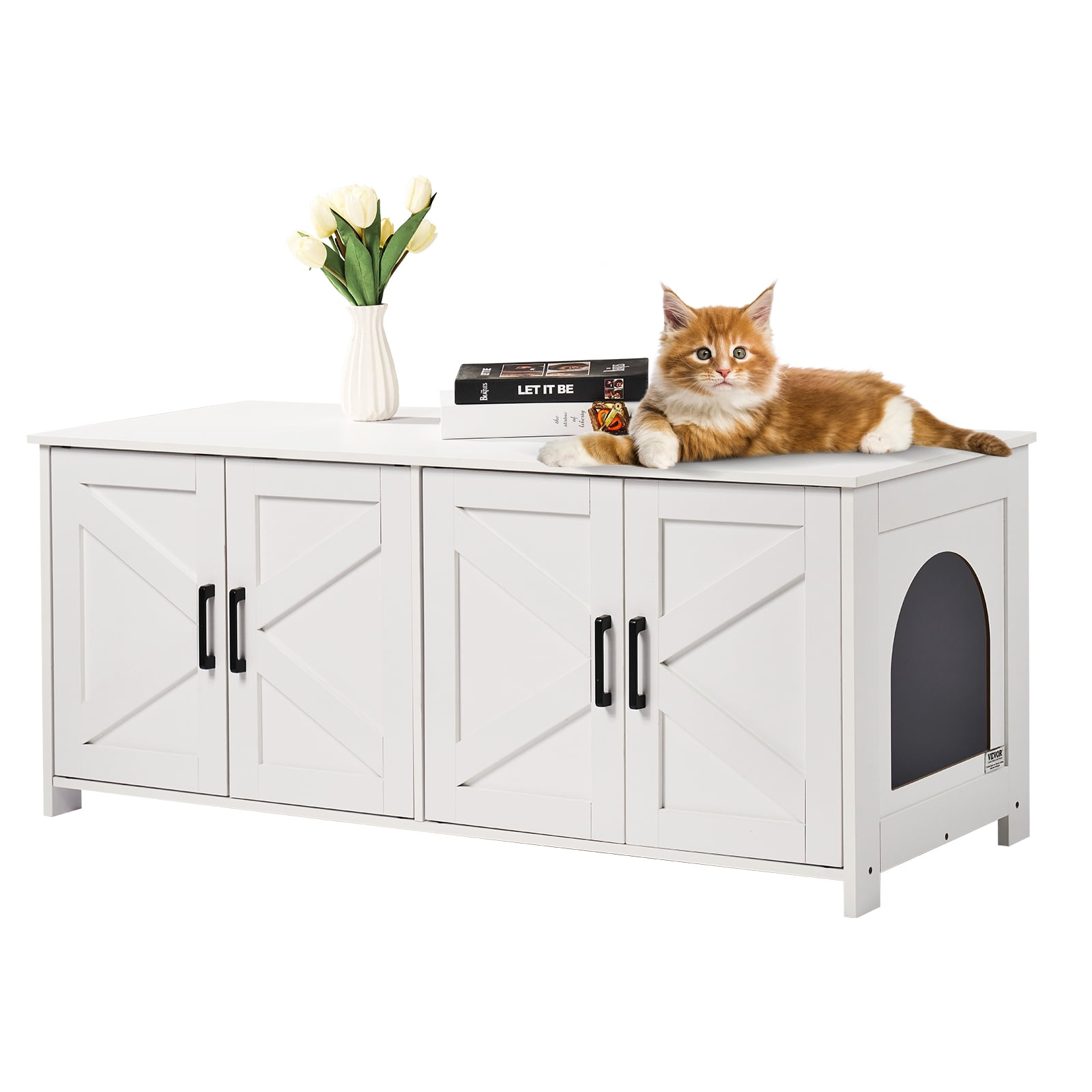 VEVOR Cat Litter Box Enclosure for 2 Cats, Litter Box Furniture Hidden with Double Rooms, Wooden Cat Box Cabinet Fit Most of Litter Box, 47.2"L x 18.5"W x 19.7"H, White
