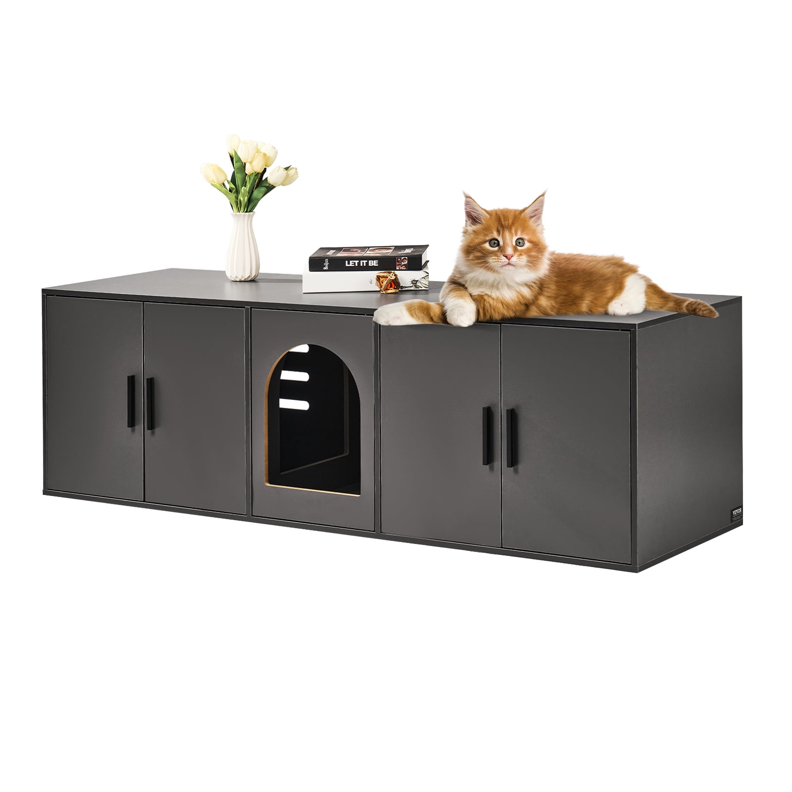 VEVOR Cat Litter Box Enclosure for 2 Cats, Litter Box Furniture Hidden with Double Rooms, Wooden Cat Box Cabinet Fit Most of Litter Box, 57.9"L x 18.3"W  x 17.9"H, Black