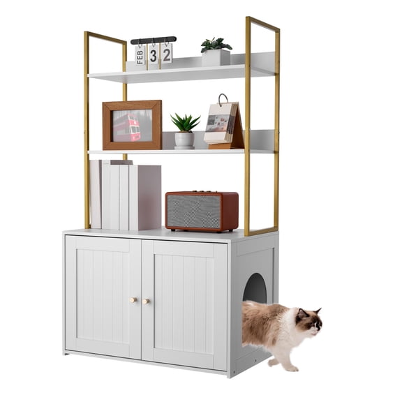 VEVOR Cat Litter Box Enclosure Furniture, 27.6 in Hidden Litter Box Cabinet with Metal Legs & 2-Tier Storage Shelves, Waterproof Cat Washroom Cat House, Fit Most of Litterbox, for Living Room