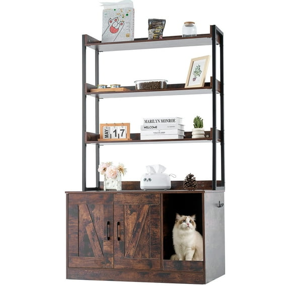 VEVOR Cat Litter Box Enclosure, Hidden Litter Box Furniture with 3 Storage Shelves,Wooden Cat Washroom Indoor,Large Cat House Cabinet Hidden Fit Most Litter Box, 33.5"L x 19.3"W x 58.7"H,Dark Brown
