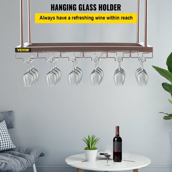 VEVOR Ceiling Wine Glass Rack, 23.6 x 13.8 inch Hanging Wine Glass Rack, 18.9-35.8 inch Height Adjustable Hanging Wine Rack Cabinet, Coppery Wall-Mounted Wine Glass Rack Perfect for Bar Cafe Kitchen