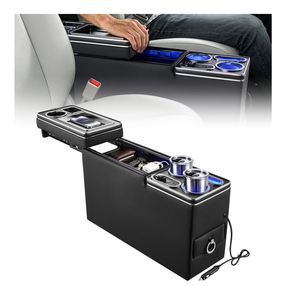 VEVOR Center Console Storage Box Between Seat with 7-Color Ambient Lights, USB/Type-C/Cigarette Lighter Charging, Floor Console Tools Organizer with Cups & Phone Holder for Trucks, SUVs, Minivans