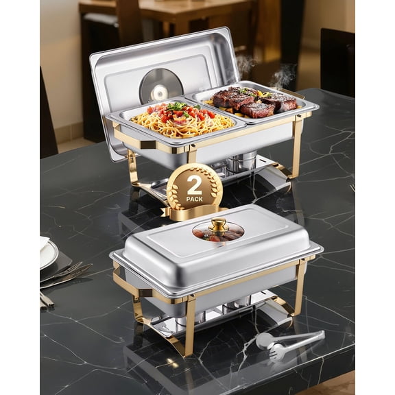 VEVOR Chafing Dish Buffet Set, 4 Qt 2 Pack, Stainless Steel Chafer with 4 Half Size Pans, Rectangle Catering Warmer Server with Glass Lid Water Pan Folding Stand Fuel Holder, for Wedding Party Banque